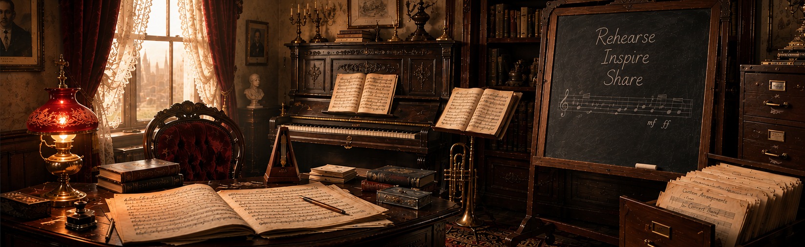 A Victorian music room with manuscripts, piano, brass instrument, filing cabinet, and a chalkboard reading Rehearse, Inspire, Share.