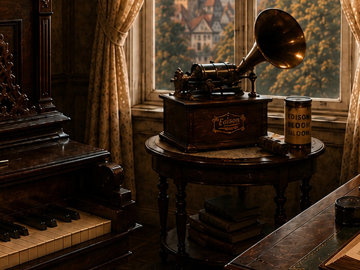 Early cylinder phonograph on a table before a Victorian window.