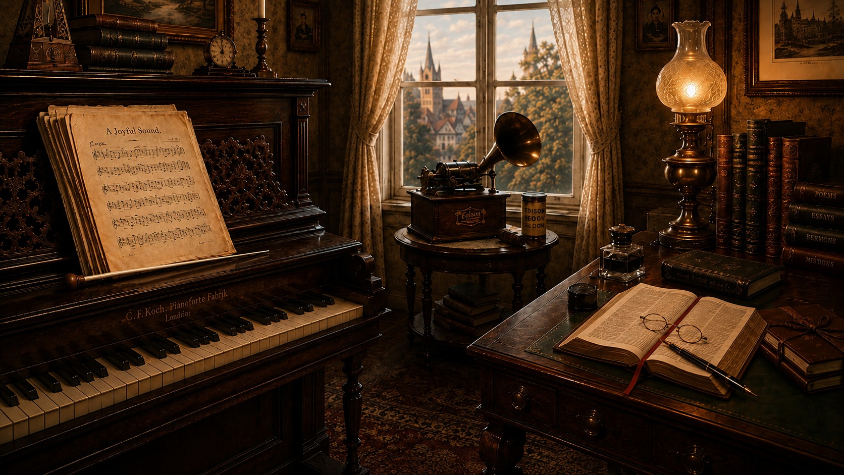 A Victorian room with a piano and music, an early phonograph, and a writing desk with lamp, books, ink, and fountain pen.