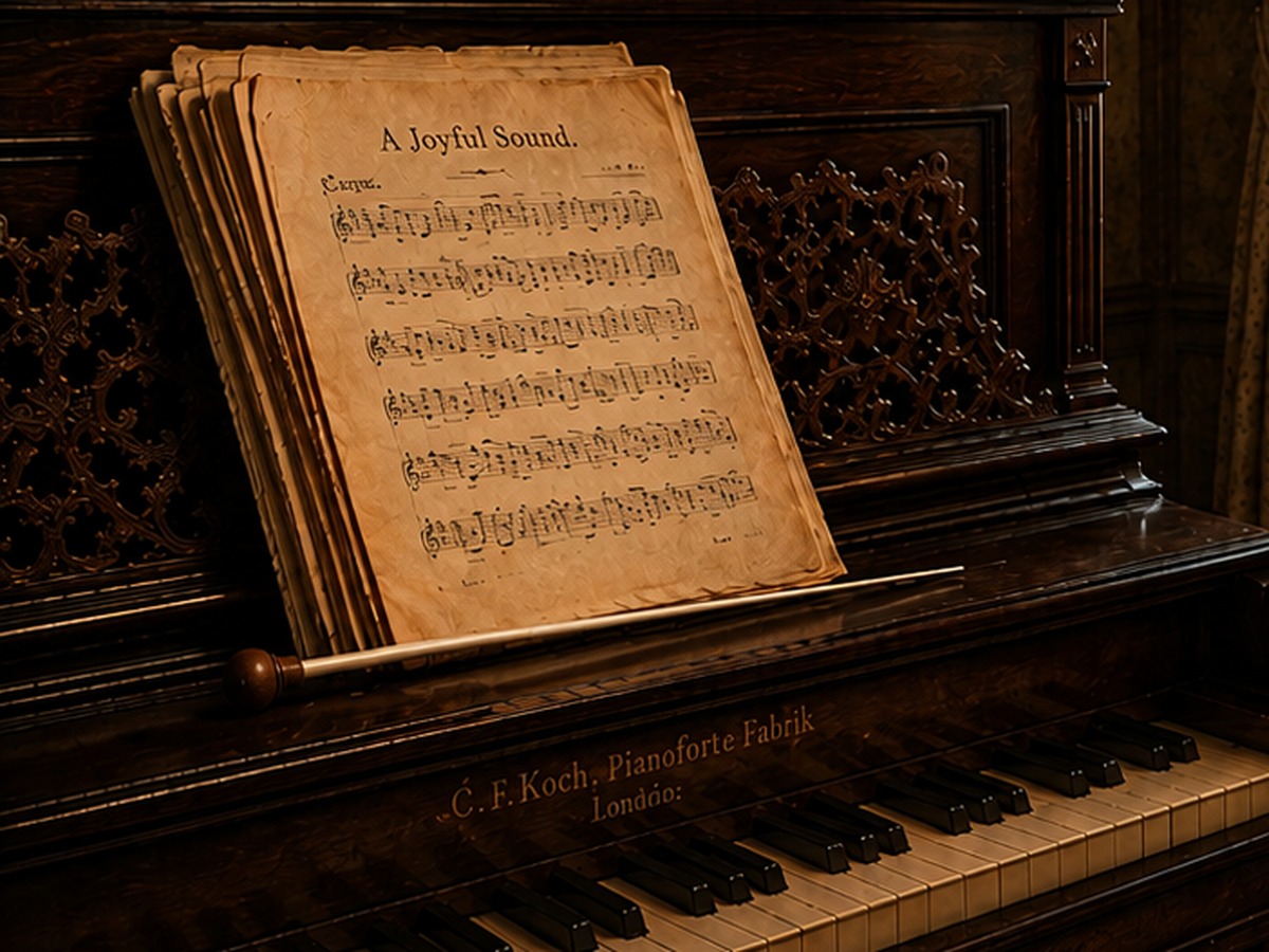 Victorian piano with aged sheet music and a baton resting on the ledge.