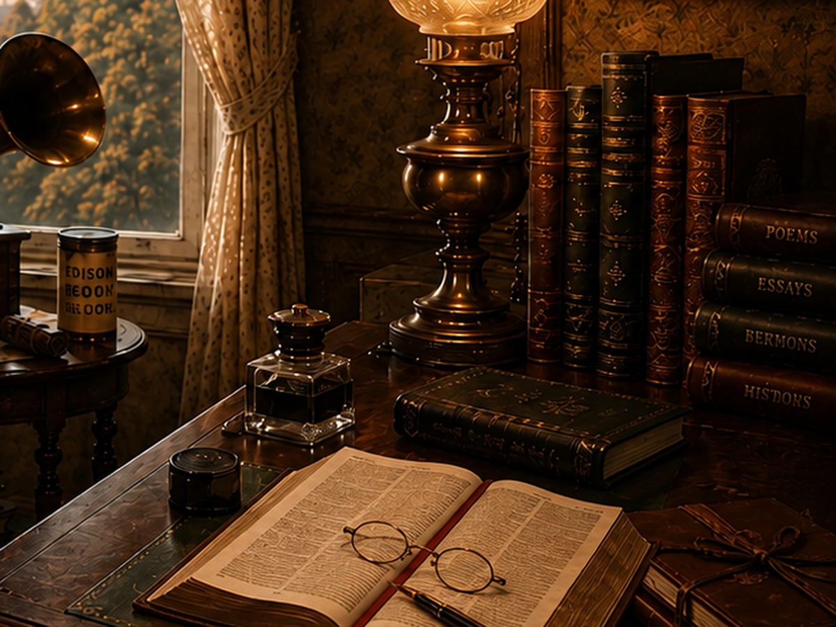 Victorian writing desk with oil lamp, books, ink bottle, manuscript, and fountain pen.